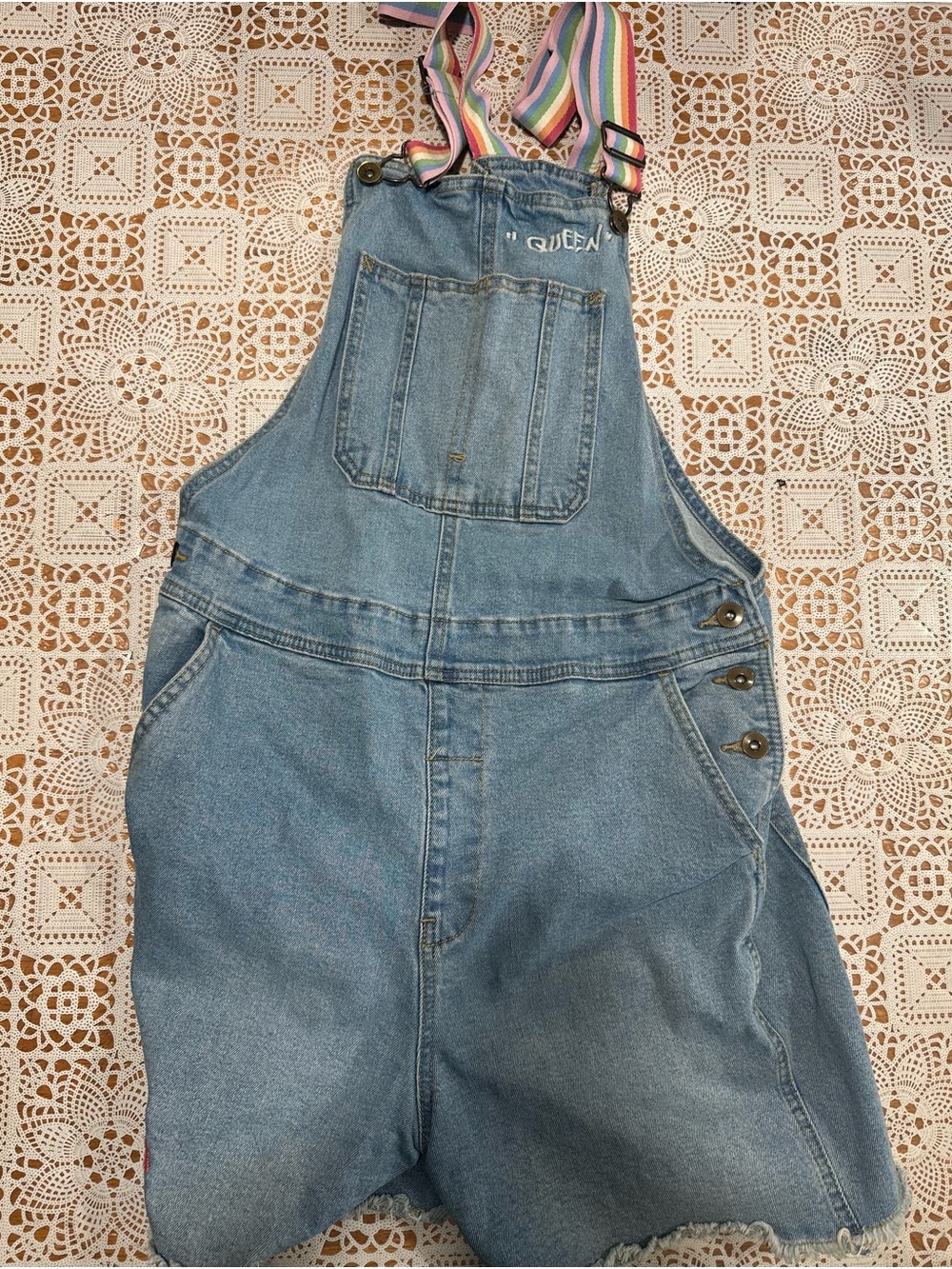 Y2K Denim Overall Shorts Rainbow Straps Embroidered Queen Womens M